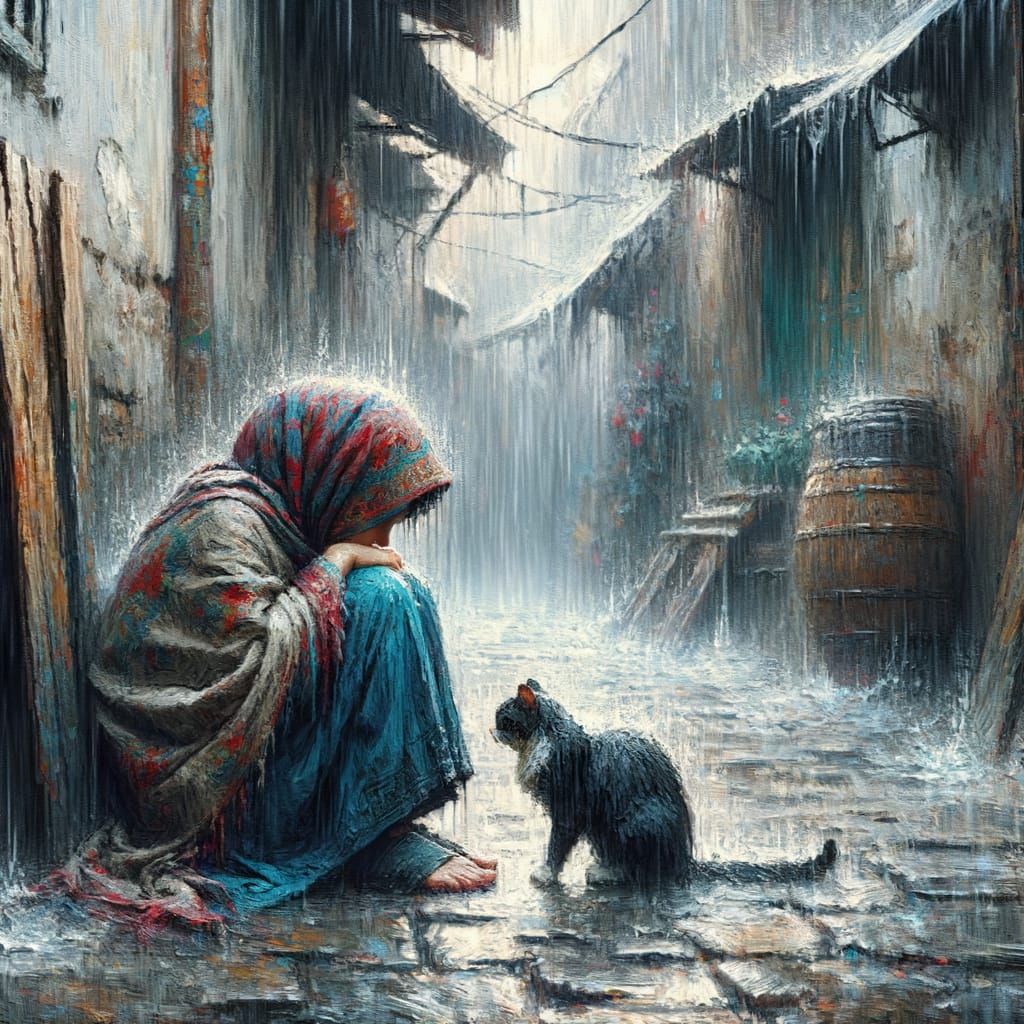 Melancholy Girl and Cat in Rainy Alleyway