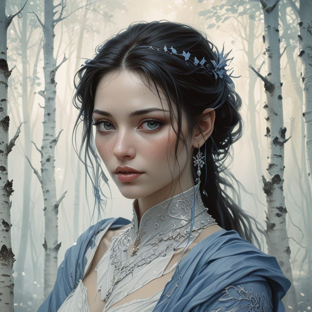 Ethereal Sorceress in Birch Forest, Inked Watercolor