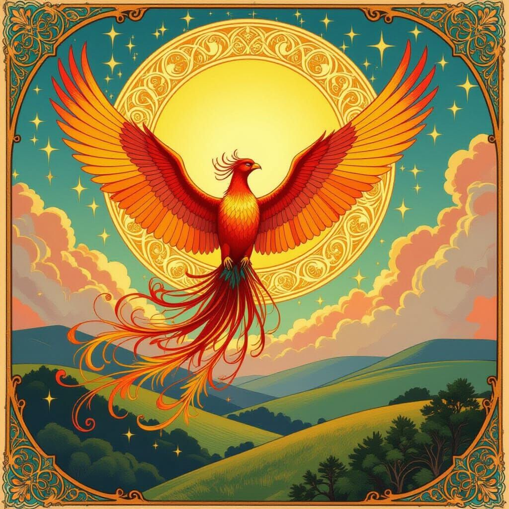 Phoenix Soaring Through Vibrant Sky: Art Nouveau Style