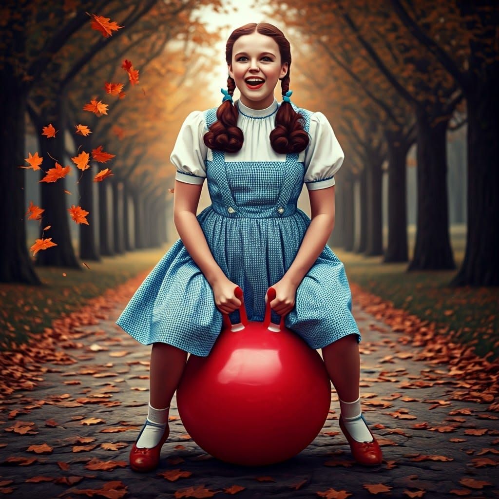 Dorothy Gale Bouncing on Space Hopper in Autumn Tornado