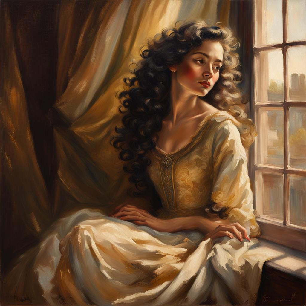 Romantic Woman in Vintage Gown: Oil Painting