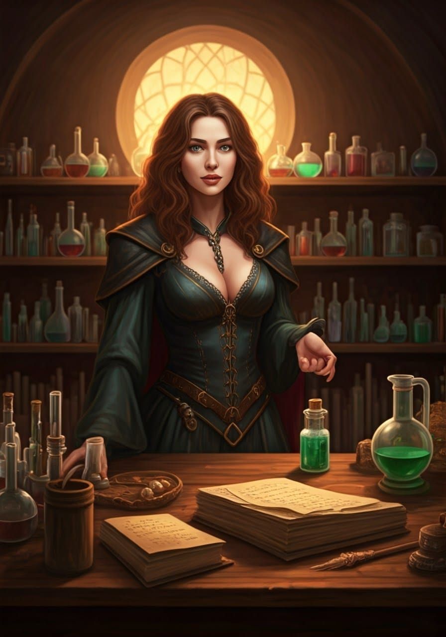Sorceress Shopping for Potions in Magic Shop