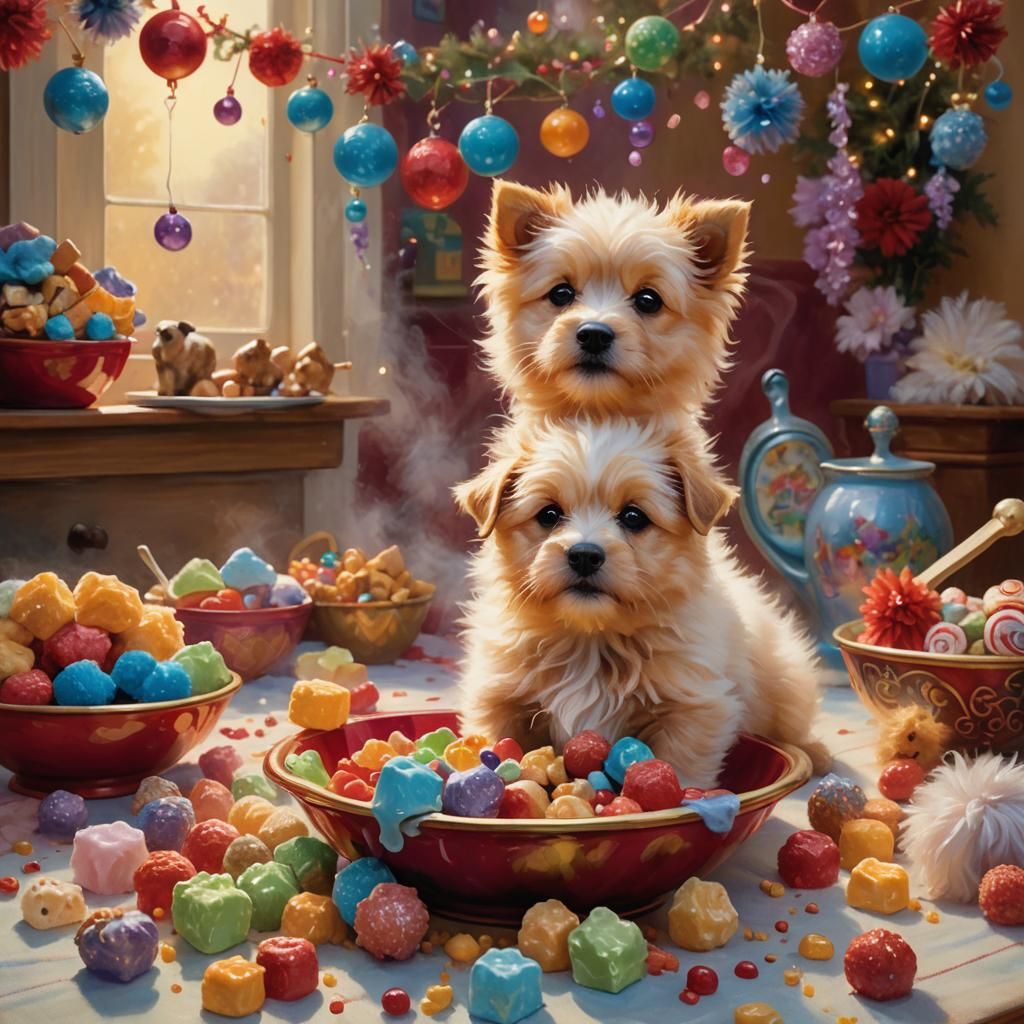 Spitz Puppy Feeds in Dreamy, Warm Light