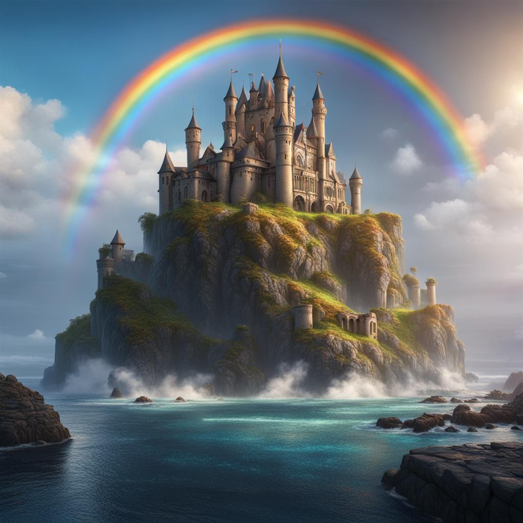 Rainbow Castle: Detailed Matte Painting in Fantasy Style
