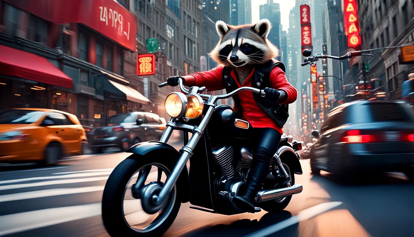 Raccoon Biker Rides Through City: Hyperrealistic Art