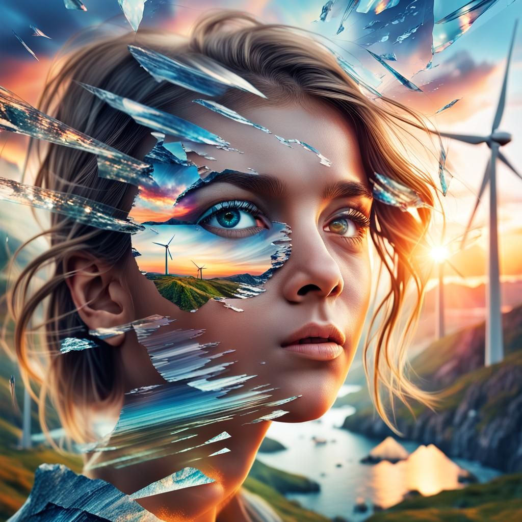 Shattered Glass Portrait in Surreal Landscape