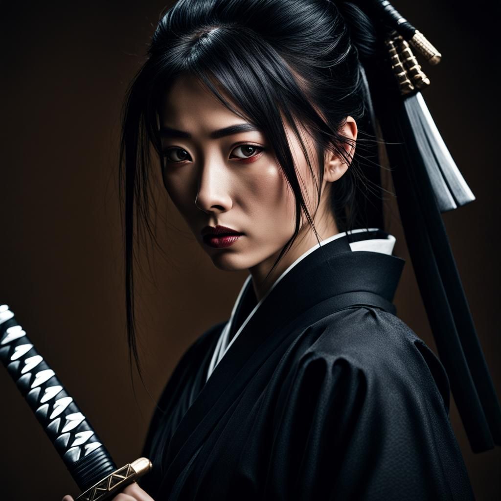 Ninja Woman with Katana: Hyperrealistic Portrait