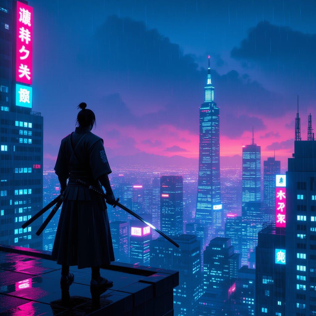 Cyberpunk Samurai on Skyscraper in Rainy Cityscape