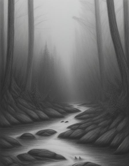 Pencil drawing of a dark forest clearing