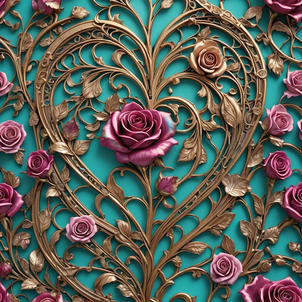 Art Nouveau Heart with Roses in Turquoise and Magenta