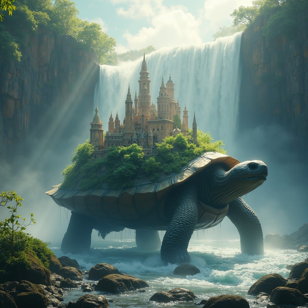Giant Tortoise Amidst Majestic Waterfall and Ancient City