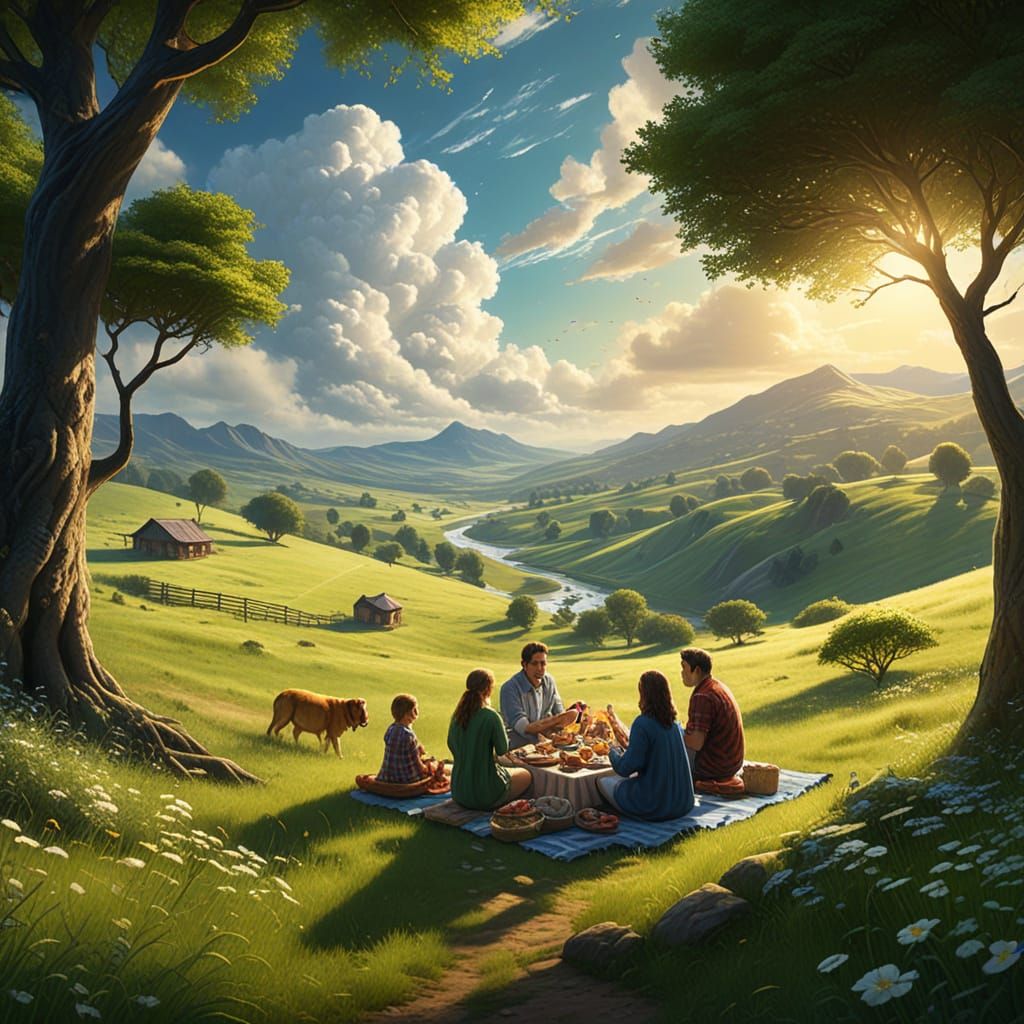 Family Picnic in Lush Meadow: Oil Painting