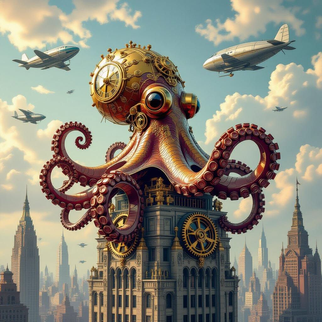 Clockwork Octopus Perched Atop Deco Skyscraper