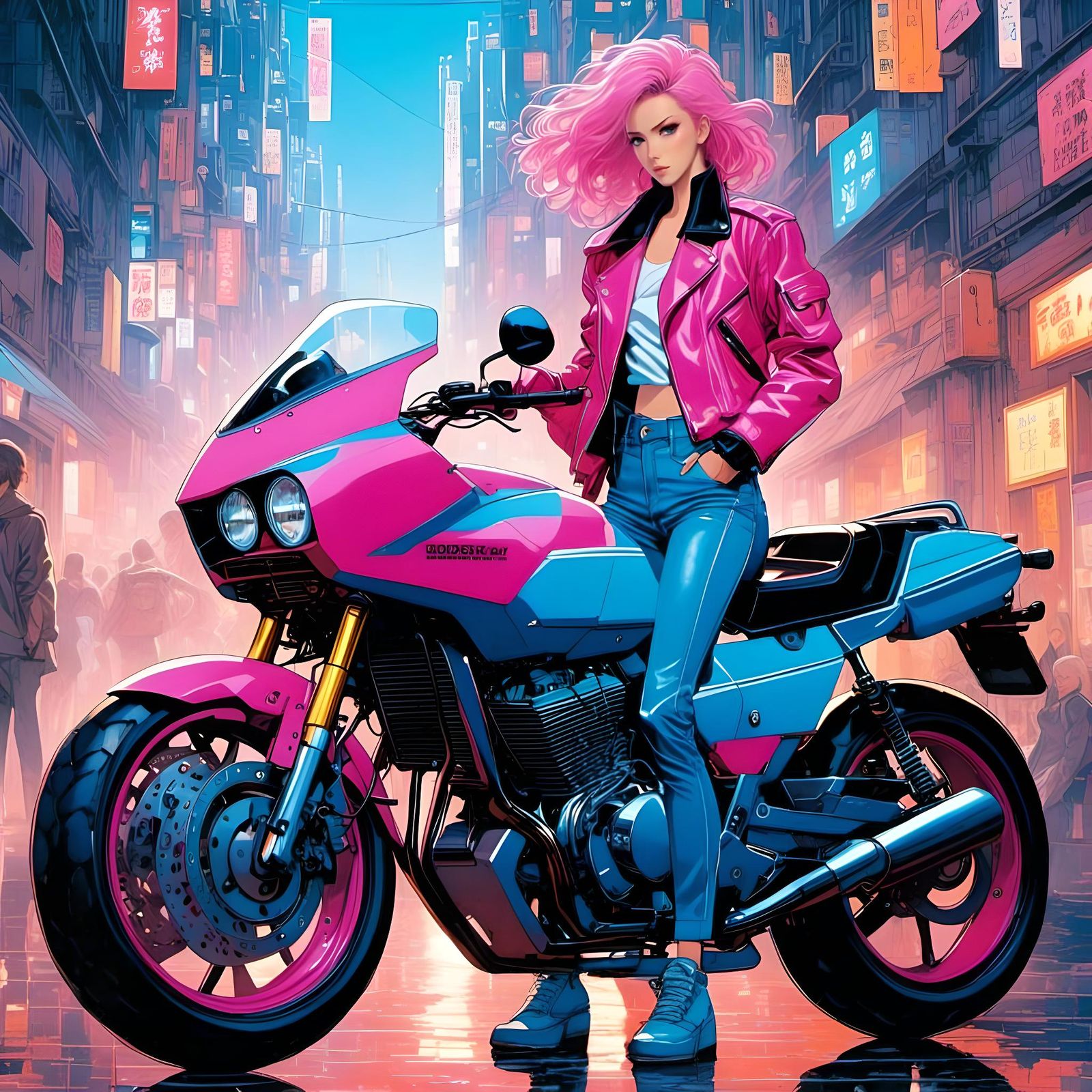 Anime Woman with Motorcycle in 90s Style
