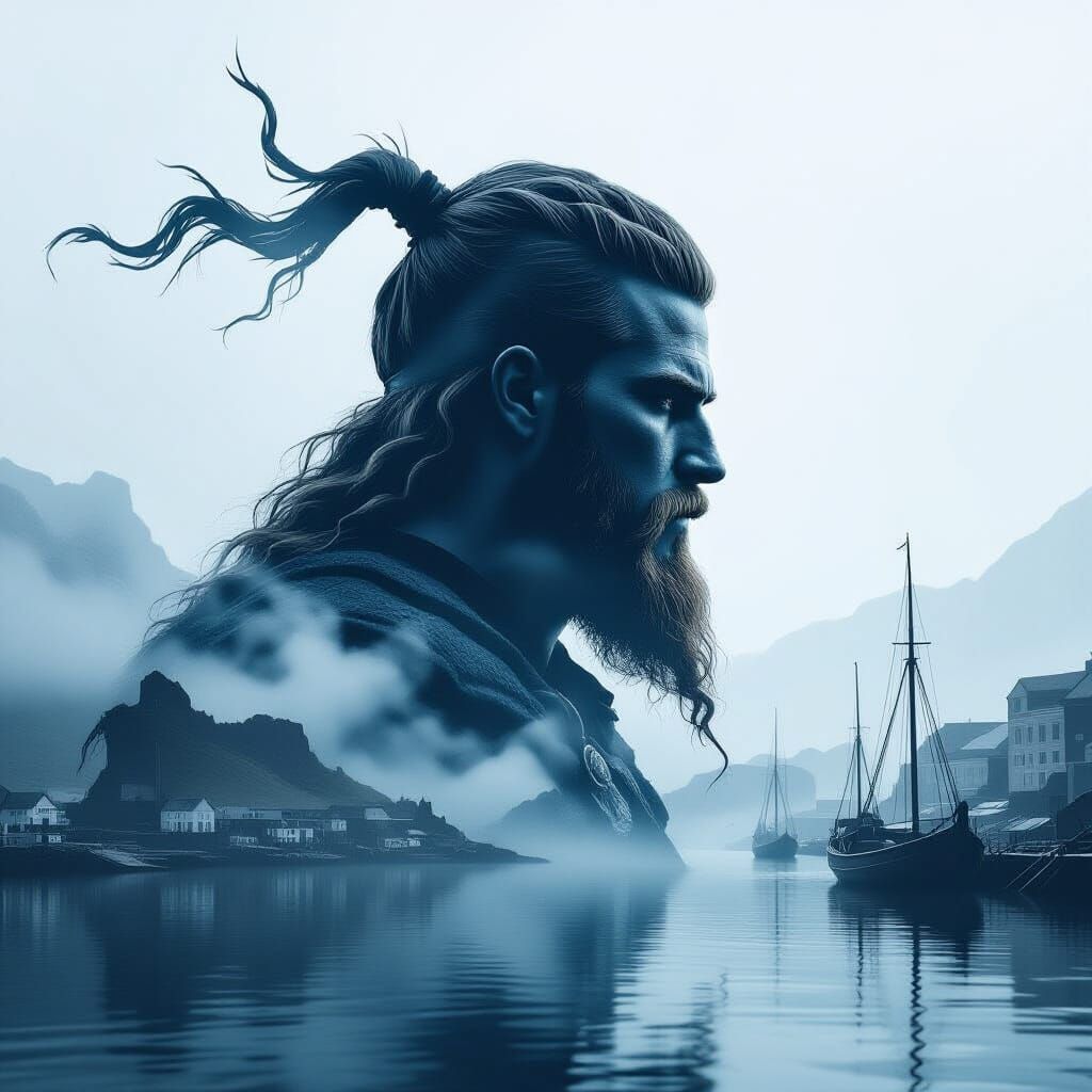 Viking Head Silhouette Merges with Misty Kattegat Harbor