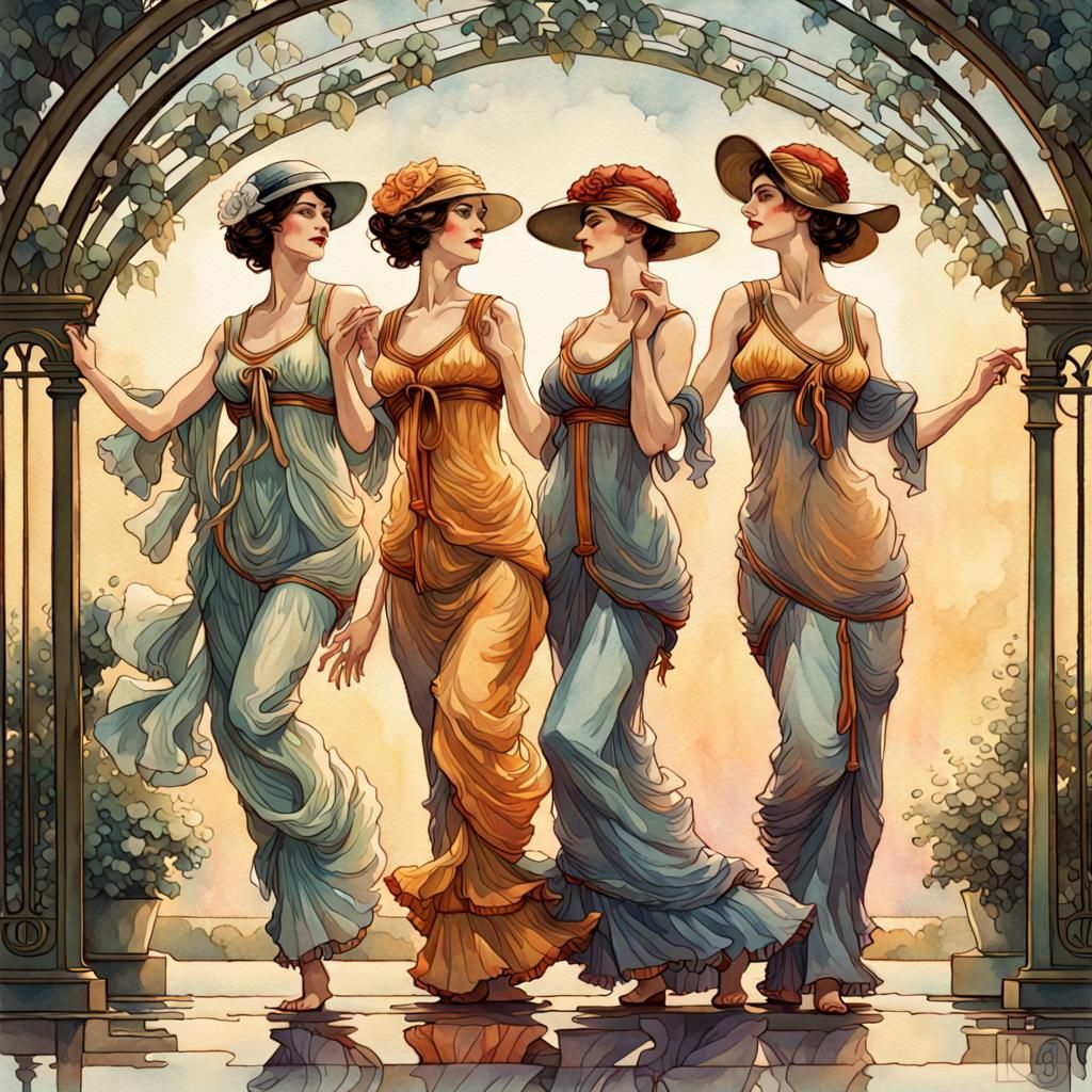 Art Nouveau Dancers in Watercolor Gouache Style