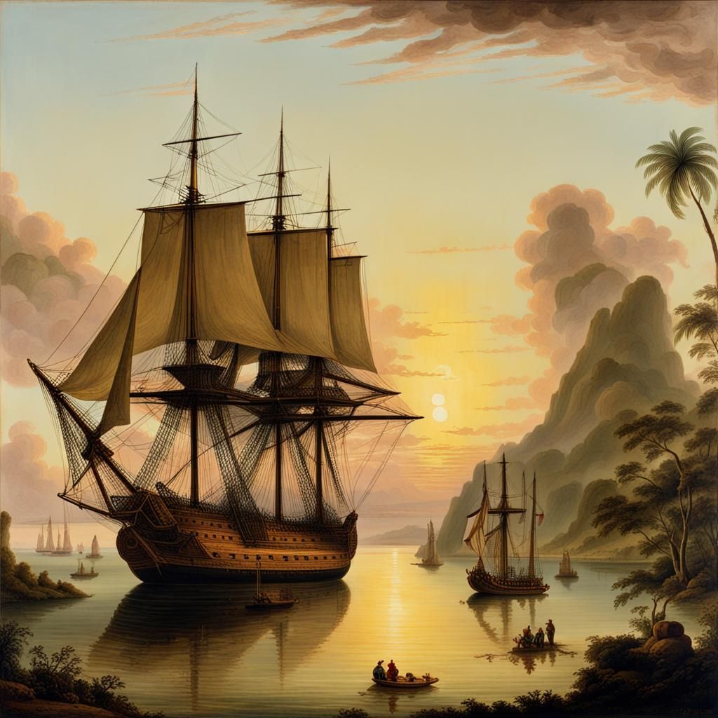 The Endeavour at Sunset in a Pacific Harbor