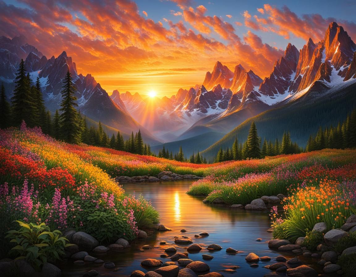 Dreamy Sunrise Over Mountain Peaks