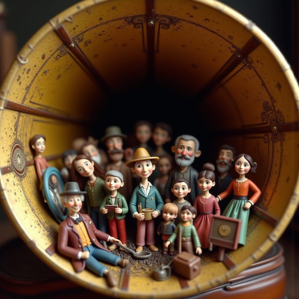 Miniature Claymation Party Inside Antique Record Player