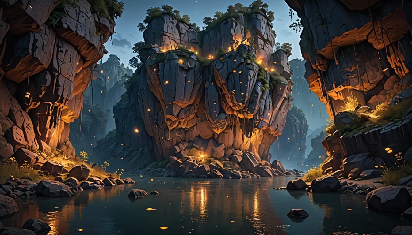 Cliffside Caves Lit by Fireflies: Fantasy Concept Art