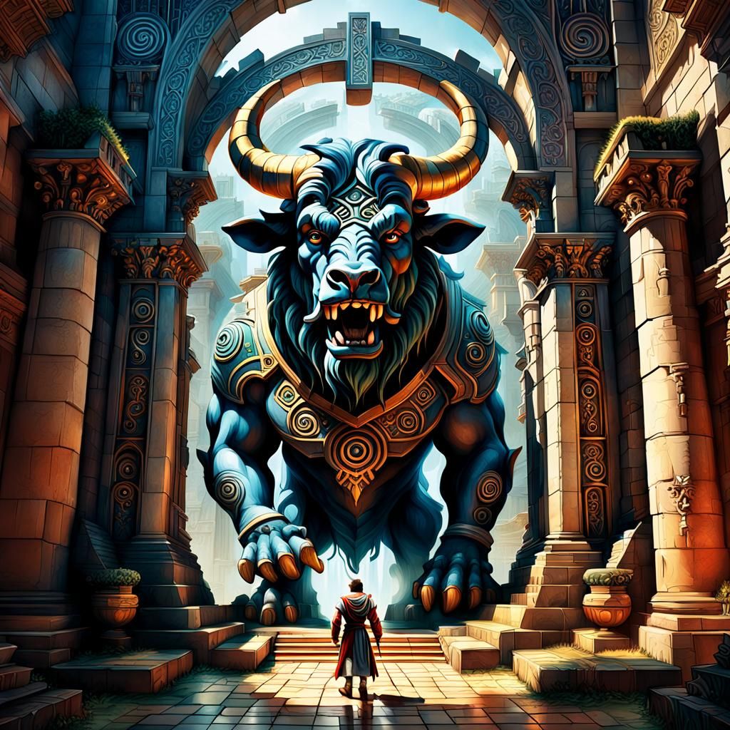 Minotaur Guarding Labyrinth Entrance in Hyperrealistic Splas...