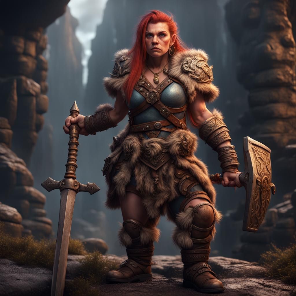 Detailed Female Dwarf Barbarian in Matte Painting Style