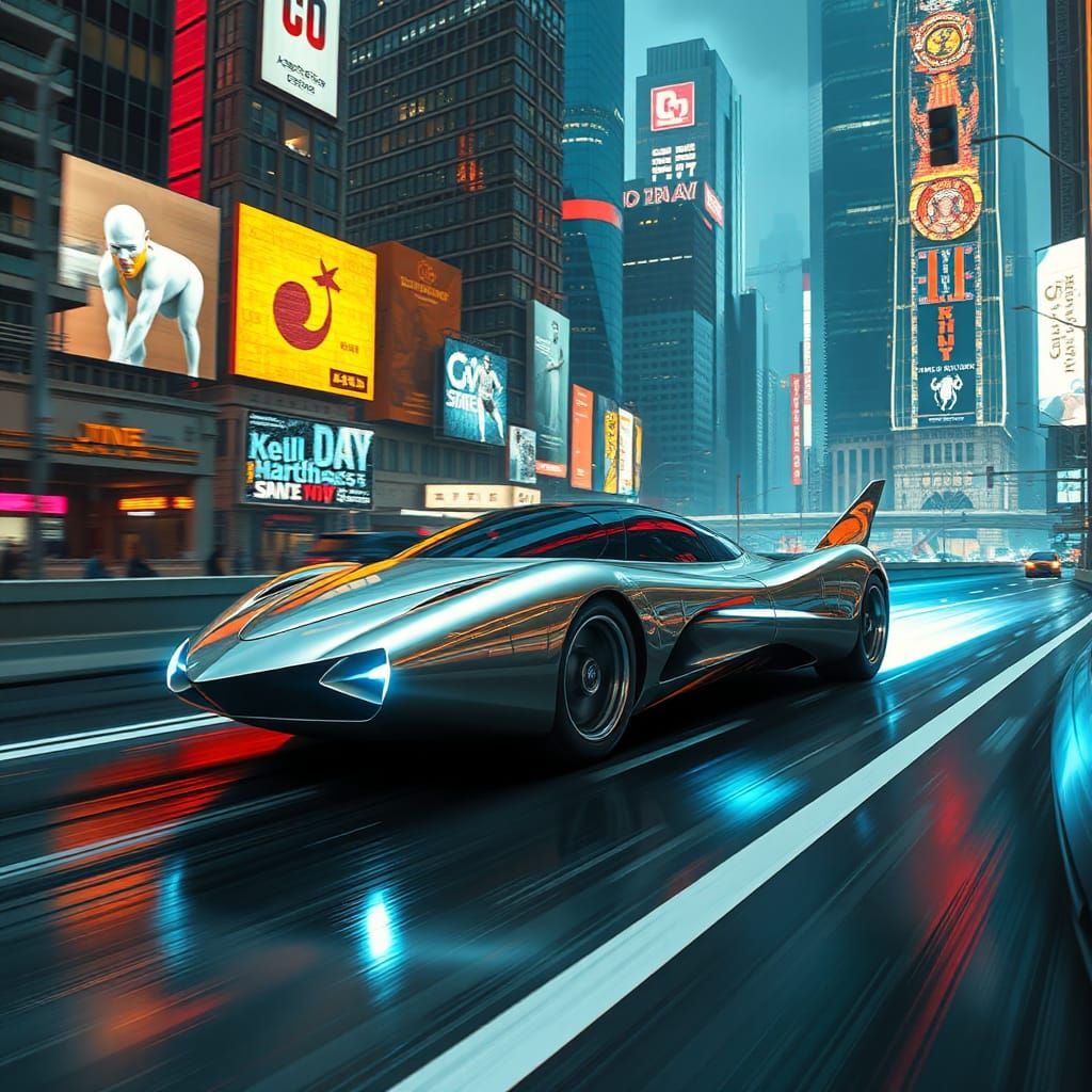 Futuristic Vehicle Speeds Through Neon Metropolis