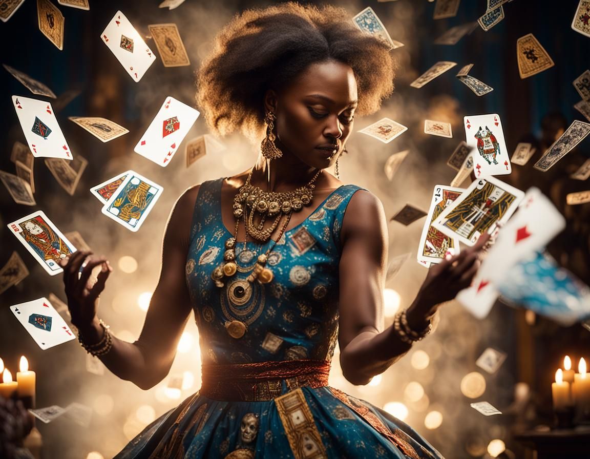 Woman Dancing in Tarot Card Dress with Seance Backdrop