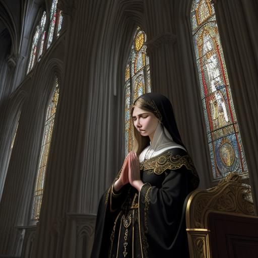 Virgin Mary Praying in Gothic Cathedral: Baroque Style