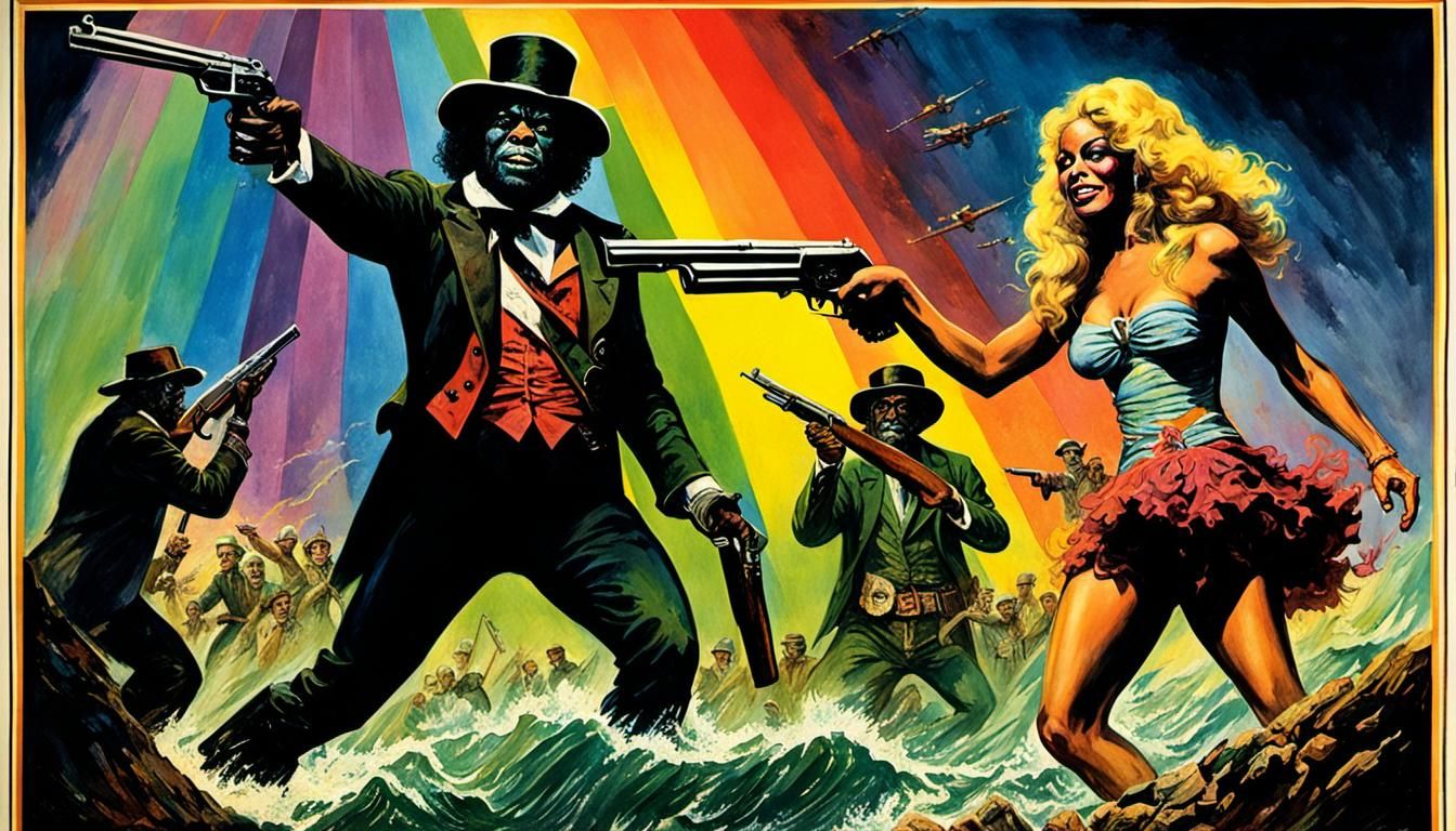 1970s Movie Poster: Black Leprechaun with a Shotgun at the Bikini Rainbow II