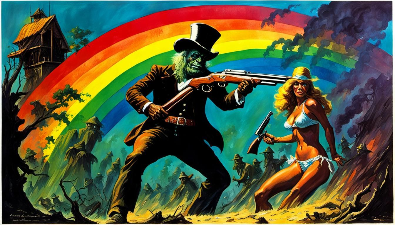 1970s Movie Poster: Black Leprechaun with a Shotgun at the Bikini Rainbow IV