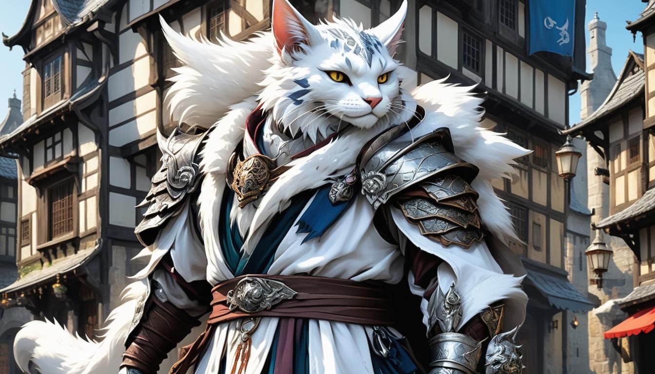 Anime Sorcerer Cat with Dragon Claws in Medieval Town