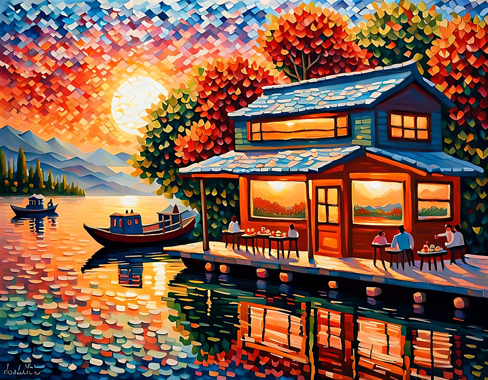 Kashmir Houseboat Full of Sushi: Neo-Impressionist Oil Paint...