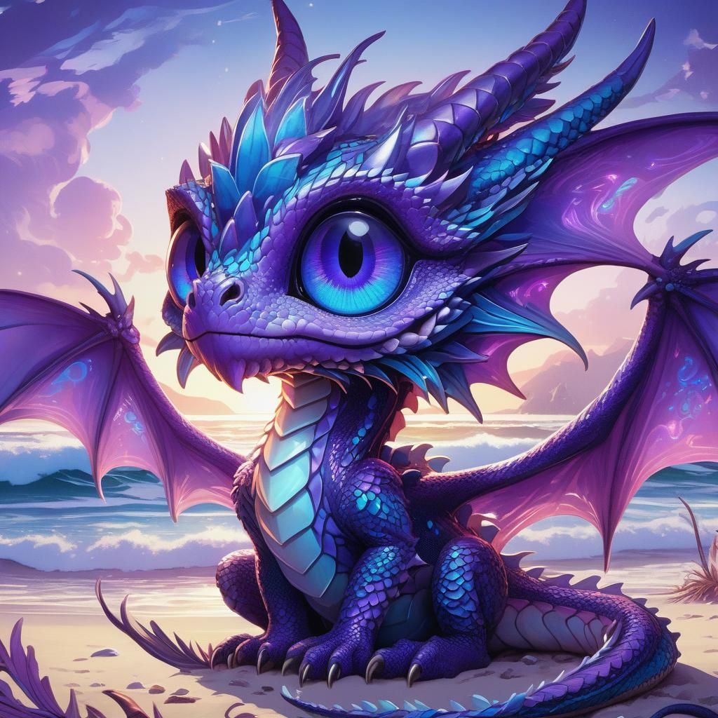 Luminescent Dragon Portrait on Beach, Fantasy Illustration