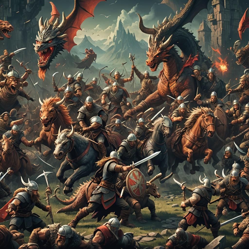 Pixelated Vikings Slay Dragon in Vintage Video Game