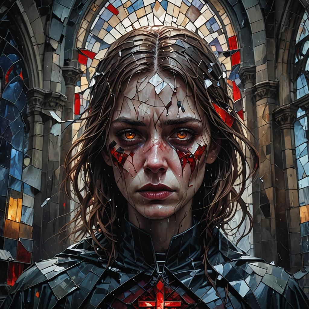 Eerie Dystopian Surrealism: Shattered Face in Cathedral