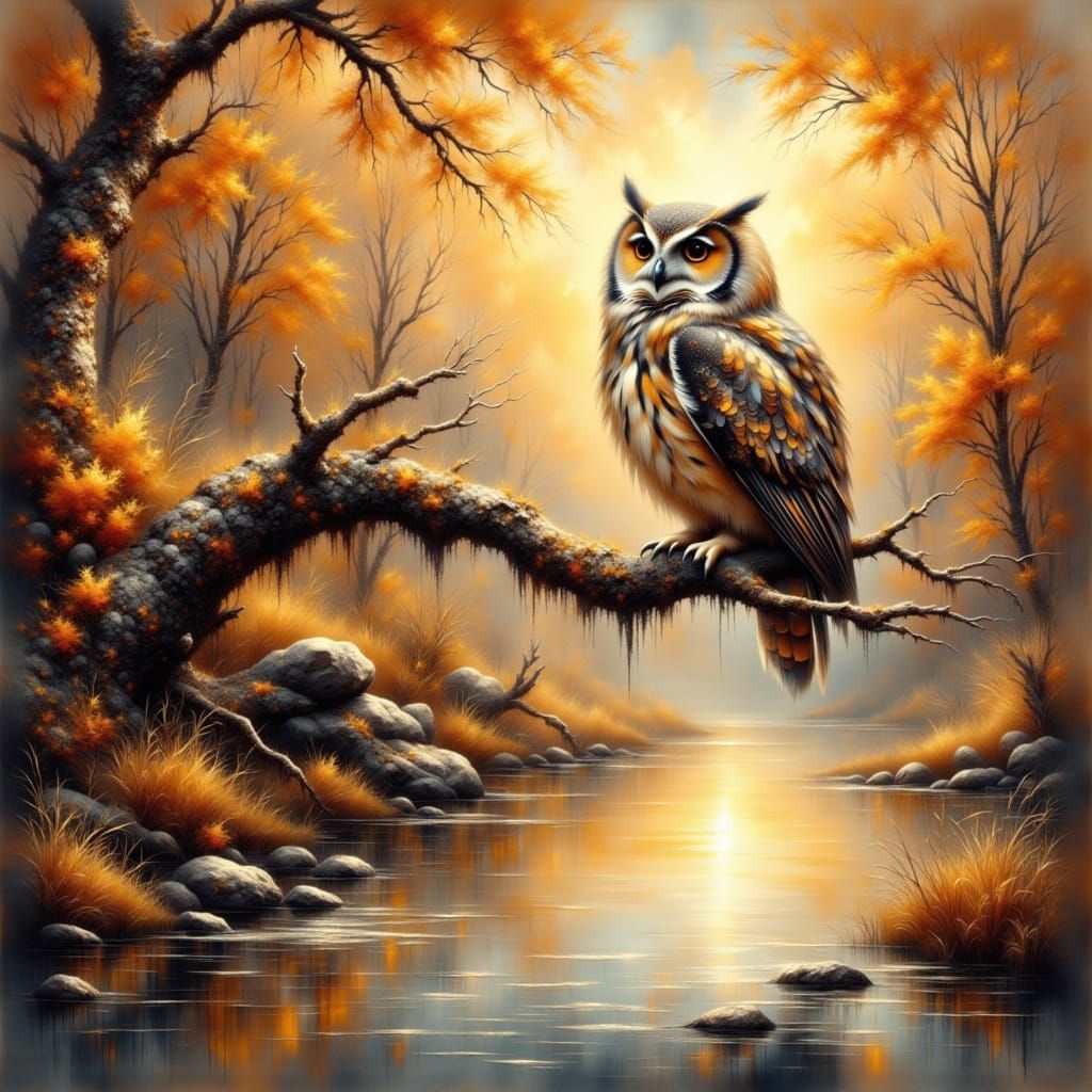 Hyper Realistic Owl in Dreamy, Impressionistic Landscape