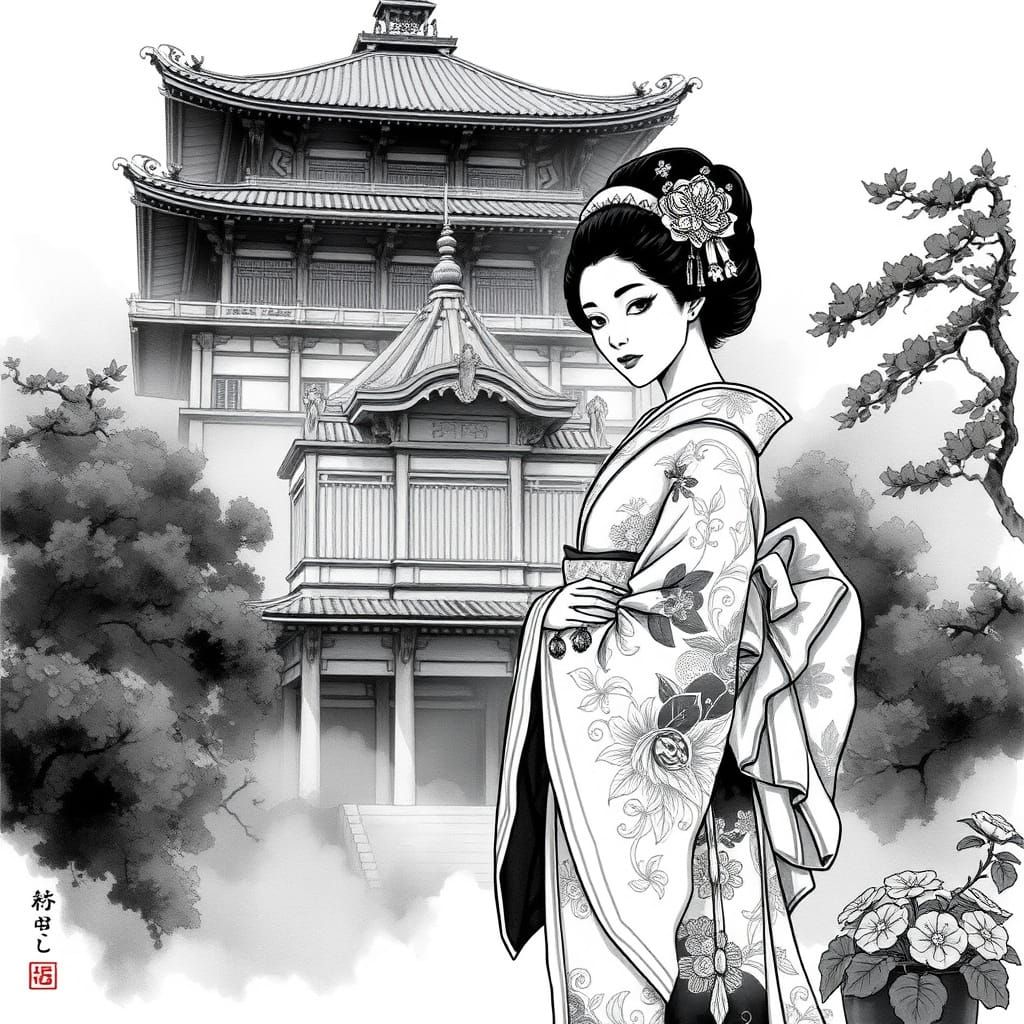 Elegant Geisha in Traditional Japanese Temple Setting