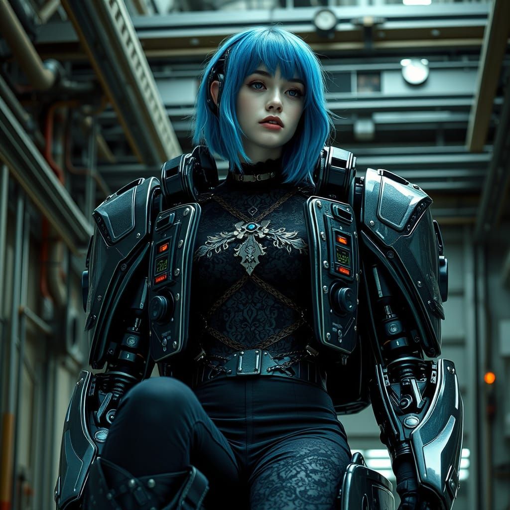 Cyberpunk Goddess in Industrial Robot Throne
