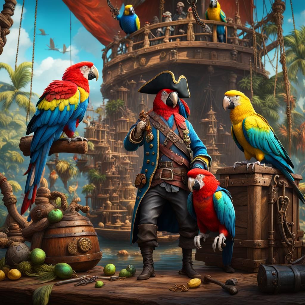 Parrots and Pirate Figures in Detailed Matte Painting