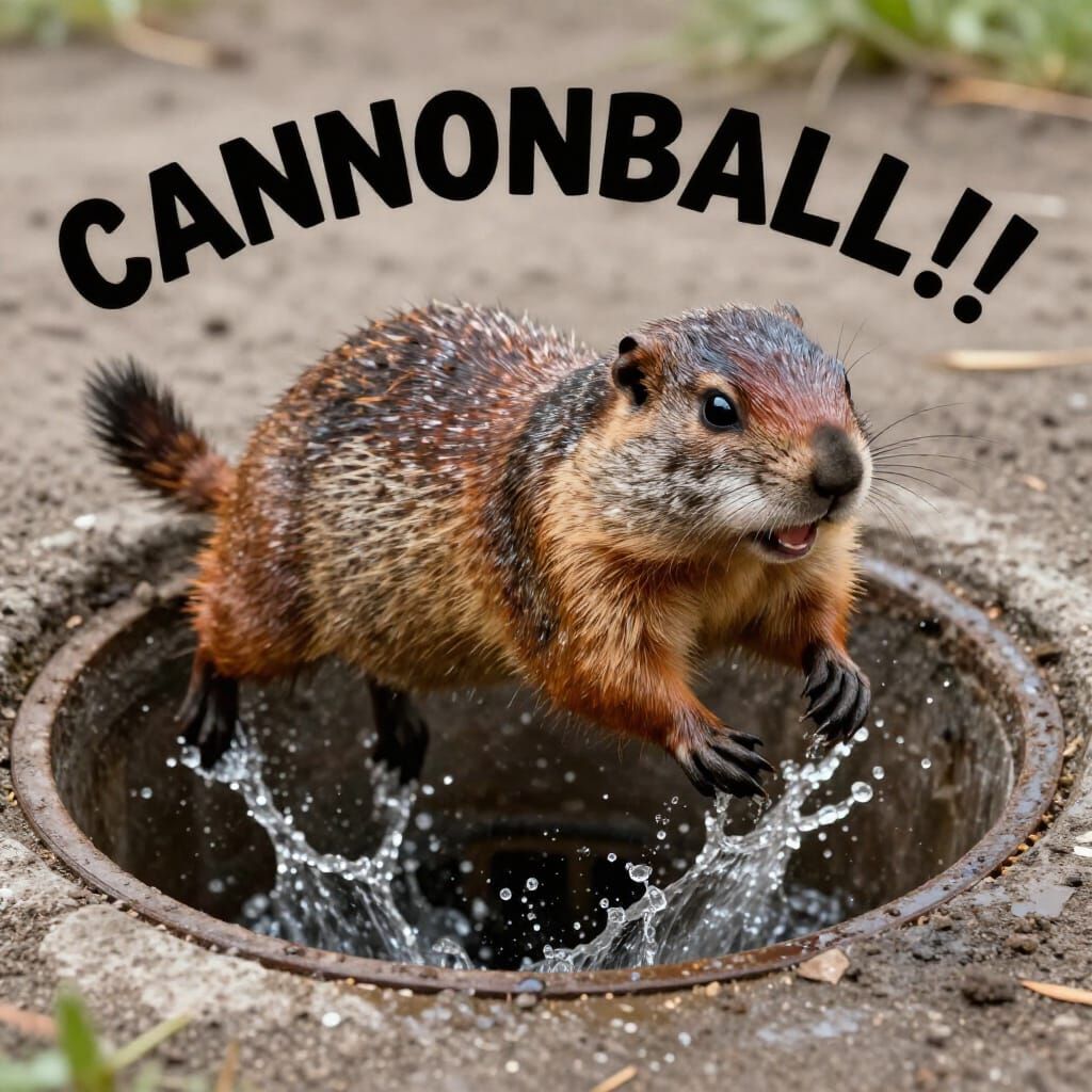 Photorealistic Groundhog Jumps Into Sewer Yelling Cannonball