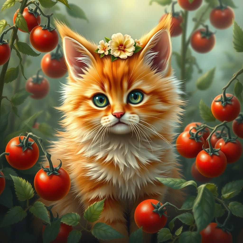 Orange Cat in Tomato Garden, Kinkade Style
