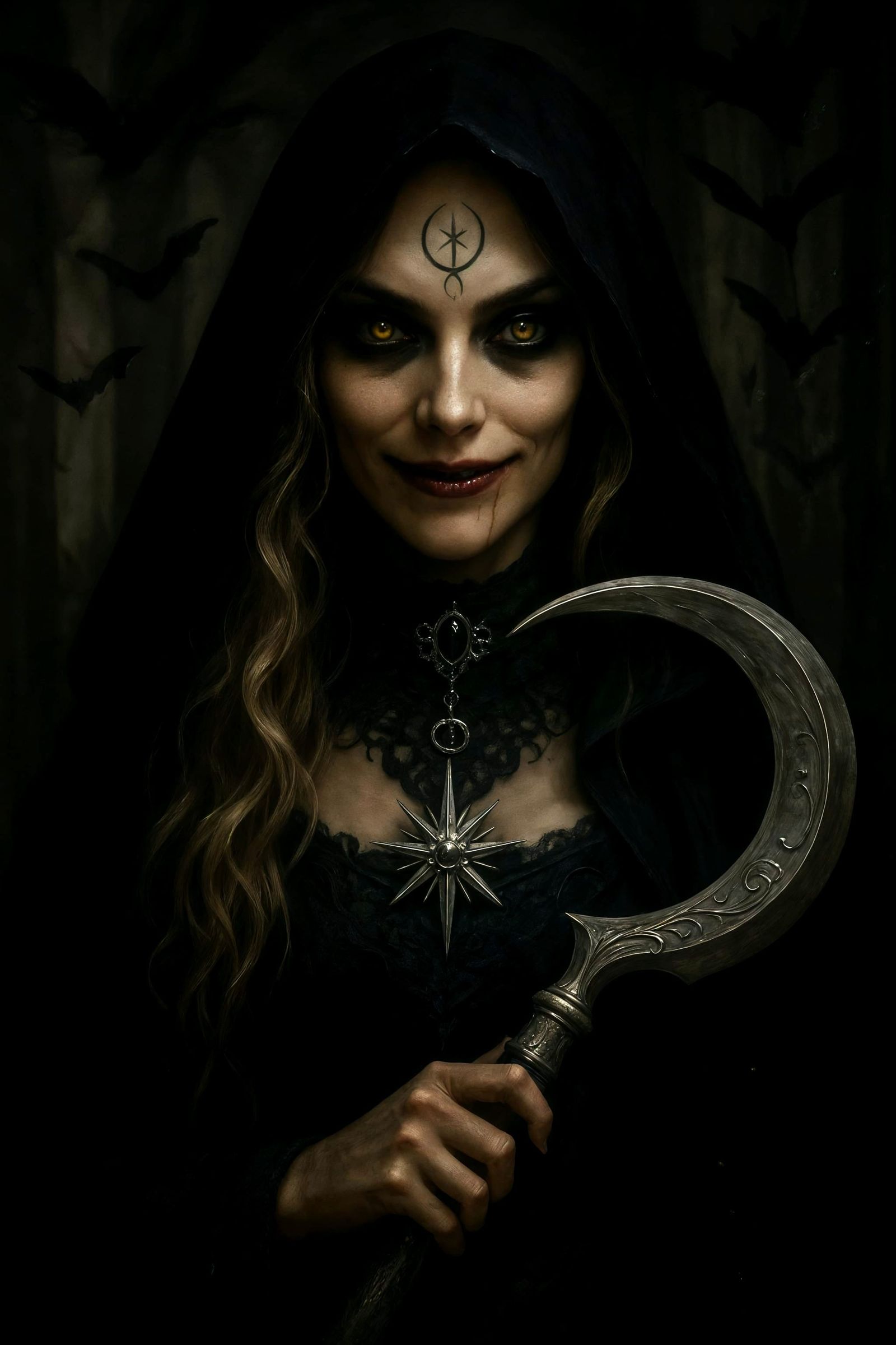 Gothic Horror Portrait of a Mysterious Woman with Scythe