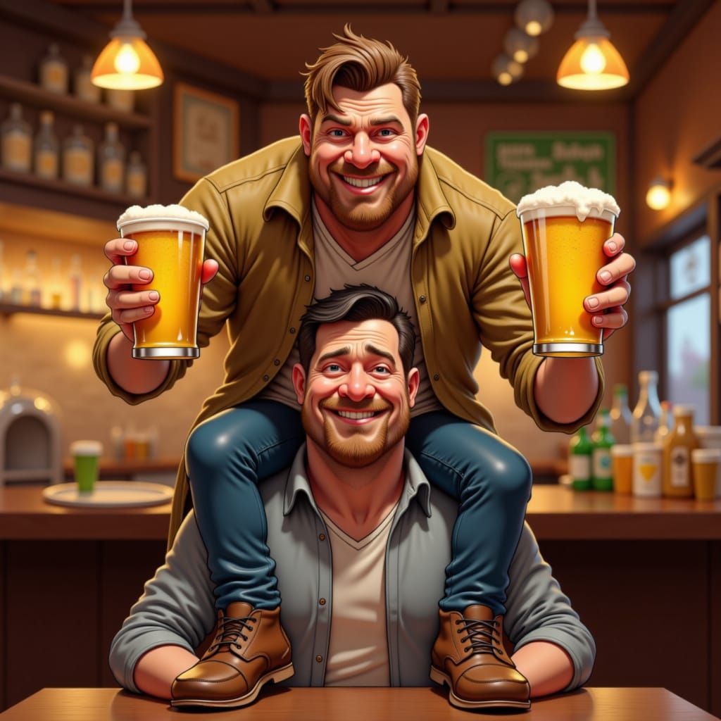 Humorous Pub Scene: Man Stands on Another Drinking Beer