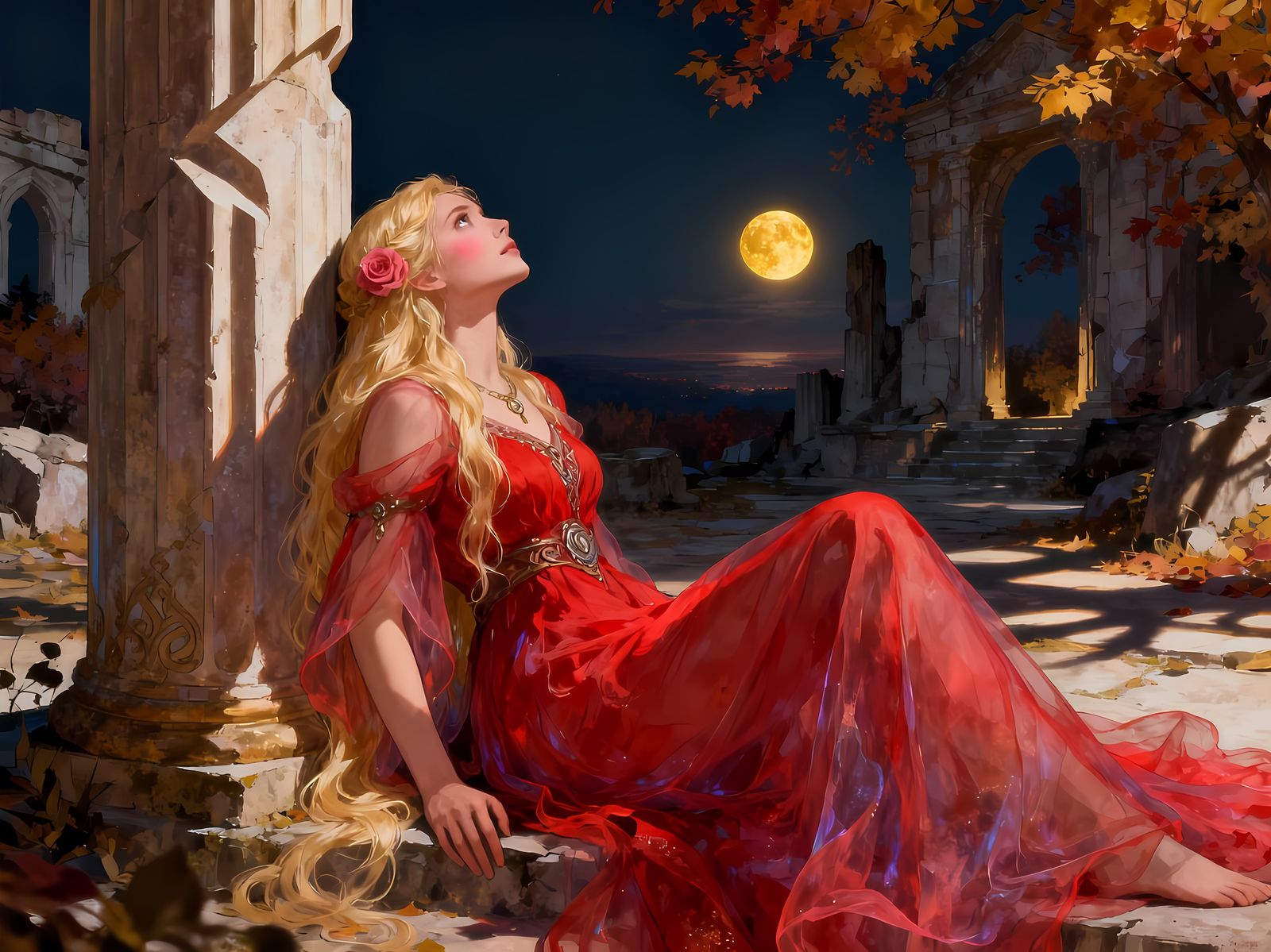 Norse Goddess in Ruined Temple Under Golden Moon