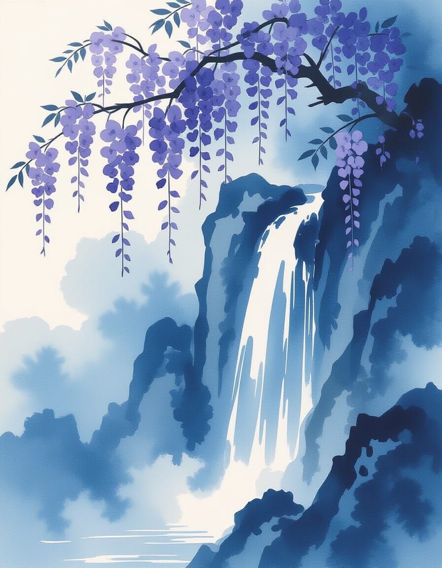 Sumi-e Waterfall with Wisteria in Minimalist Japanese Style