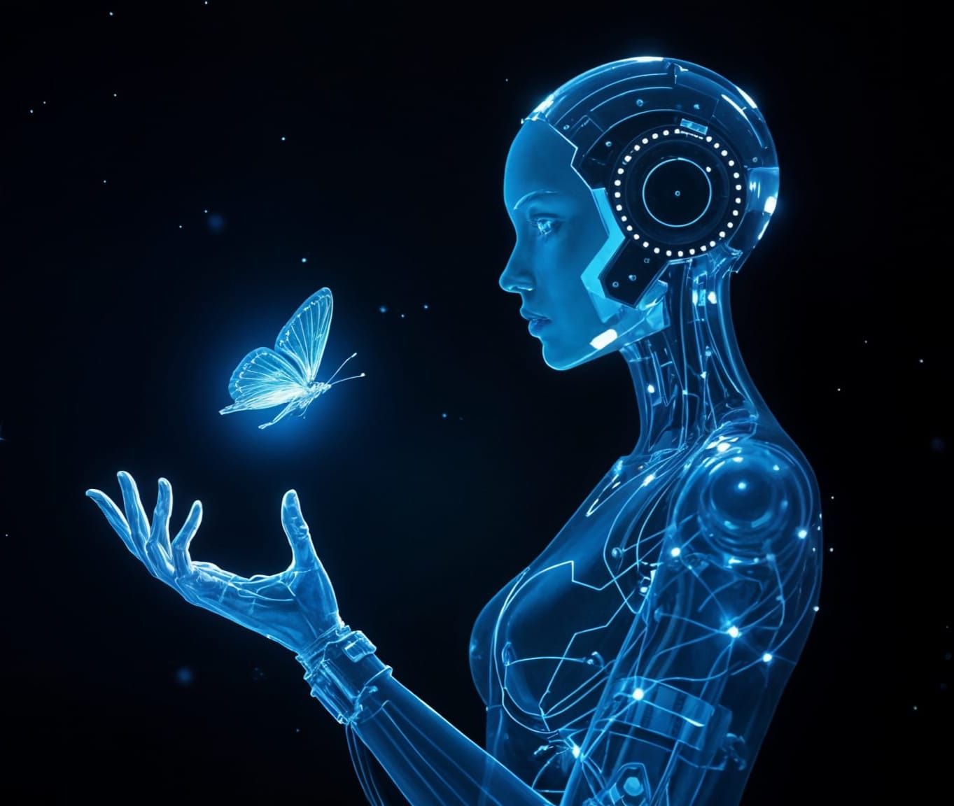 Android Woman Reaching for Hologram Butterfly