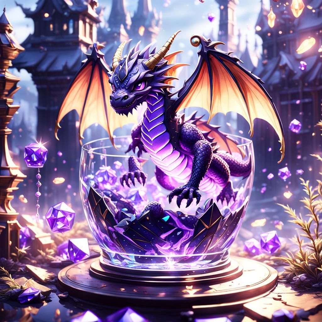 Adorable Purple Dragon in Glass Castle: 3D Anime Art