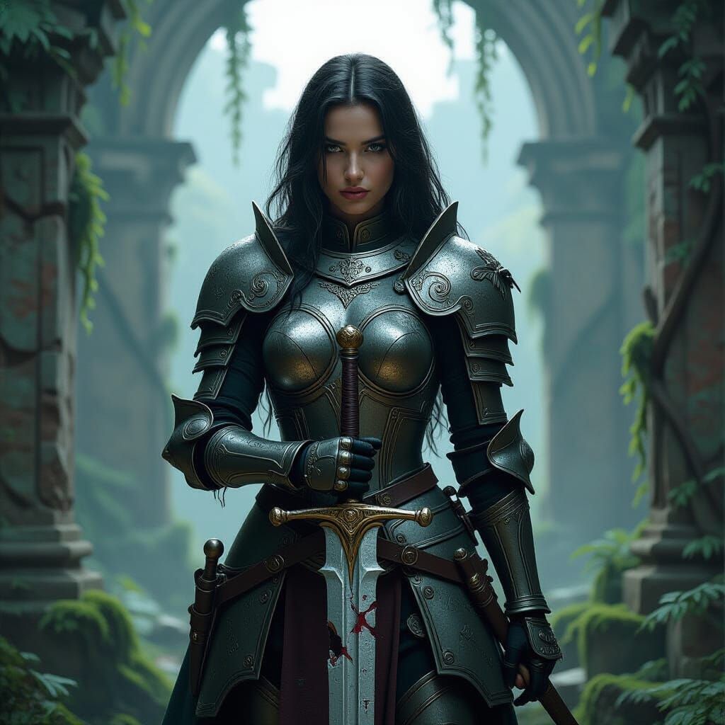 Fierce Knight in Ruined Temple, Art Nouveau Style