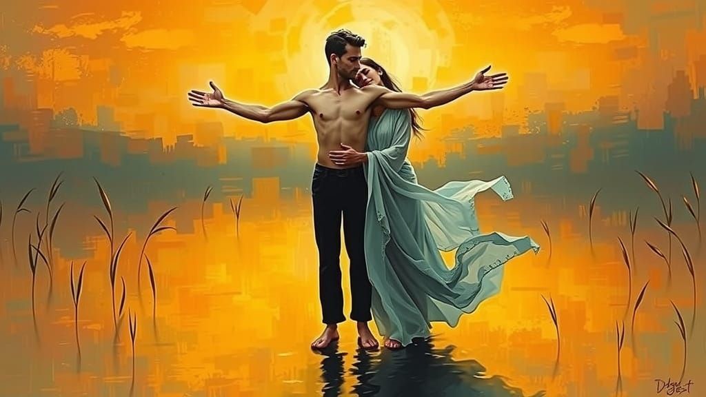 Ethereal Couple in Surreal Sunset Landscape